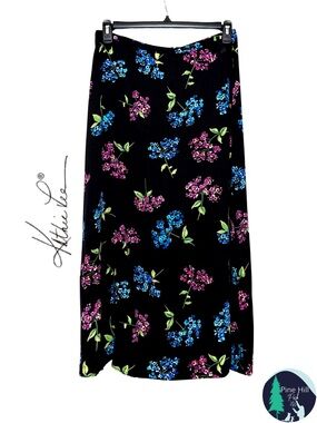 Kathie Lee Collection 90s Floral Maxi Skirt Black Pink Size 16 Cottagecore EUC